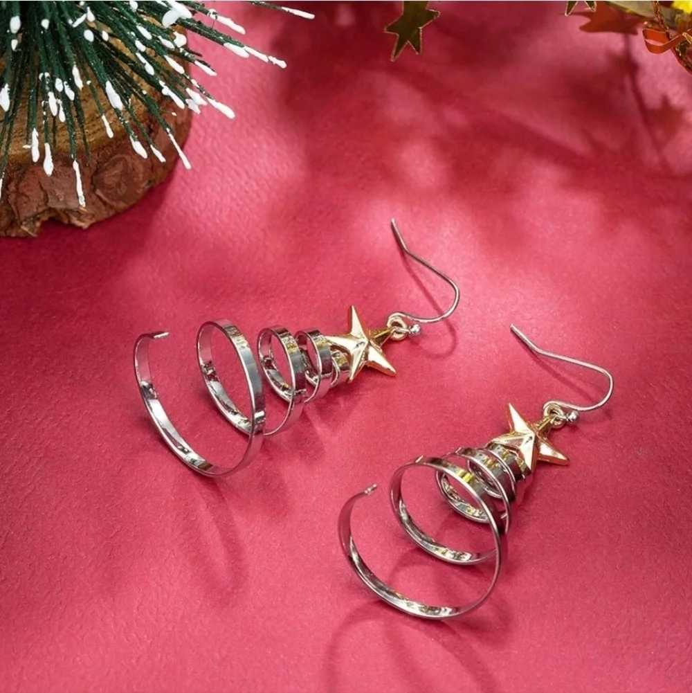 Women’s Jewelry Holiday Gold and Silver Star Spiral Tree Dangle Earrings